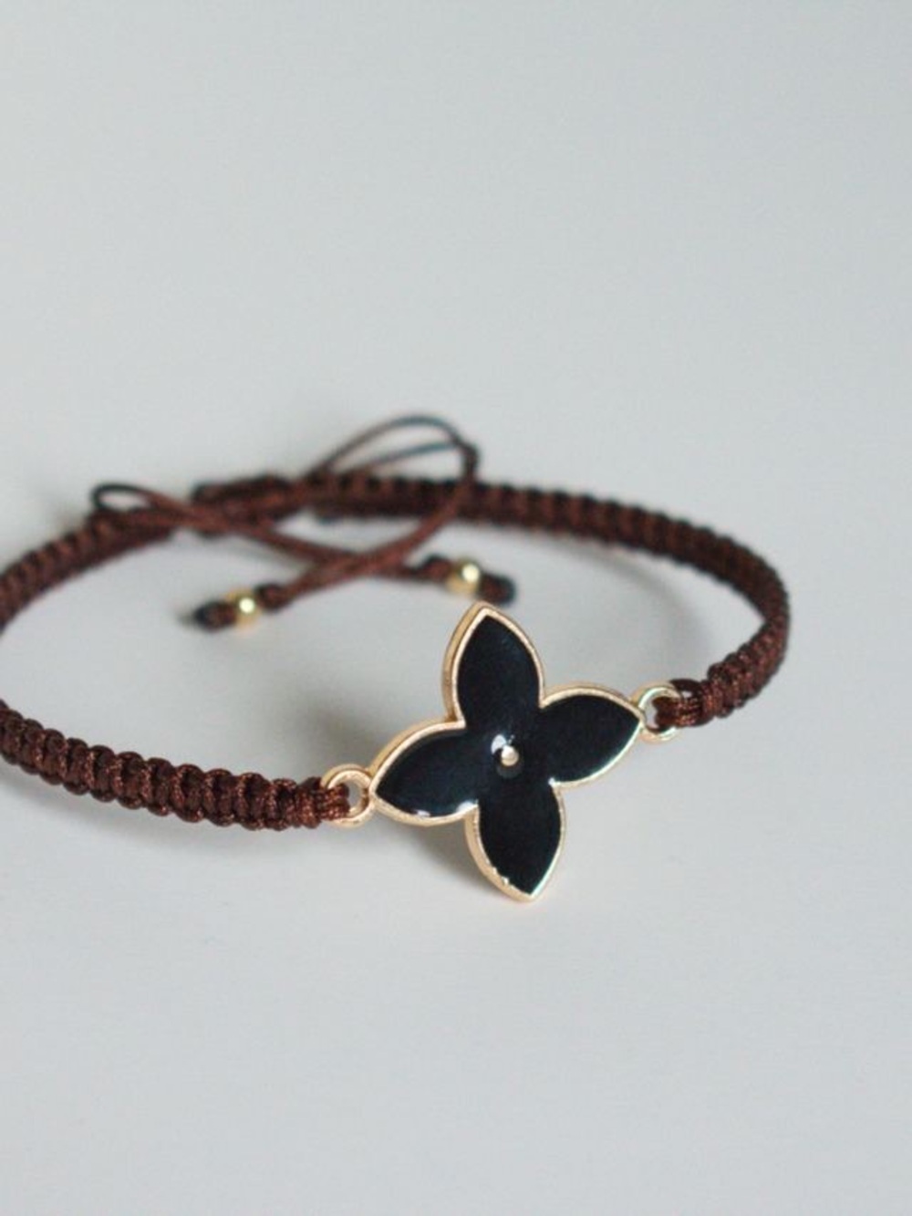 Black Flower Accent Macrame Bracelet with Gold Trim - Unisex Jewelry